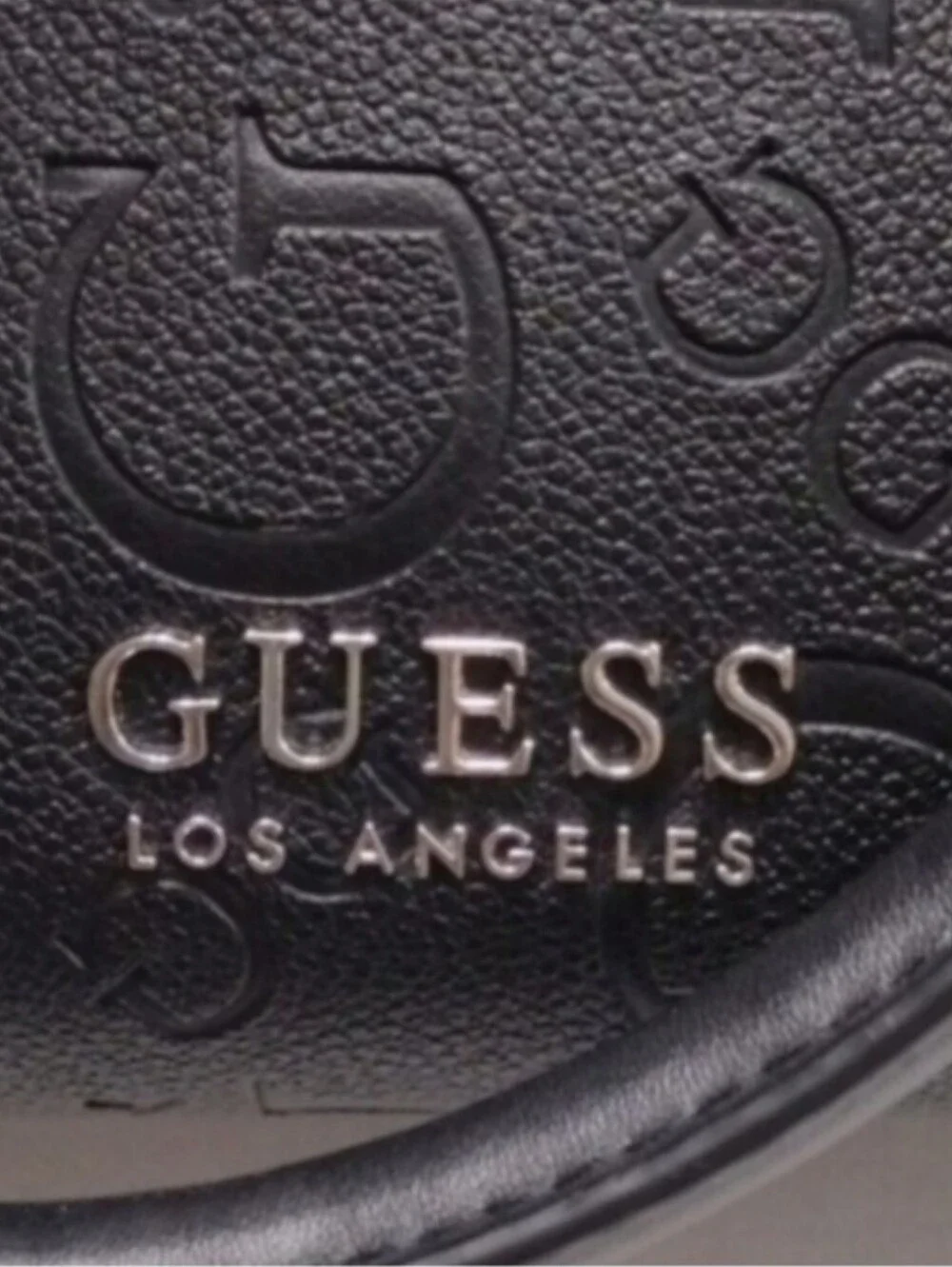 G By Guess Square Black Embossed Logo Leather Tote with Silver Lock Charm